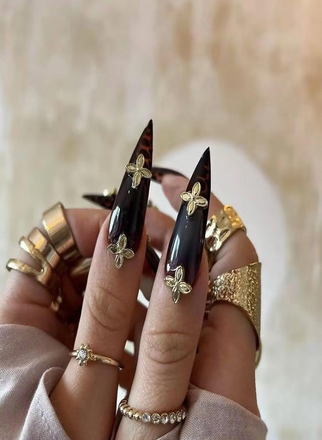MISUD Press on Nails - Long Stiletto Fake Nails with Brown Tortoise, Acrylic Gold Charms Design 24 pcs - Image 3